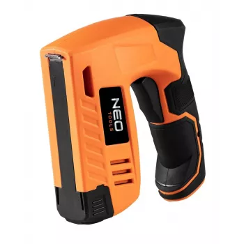 NEO Tools 16-050 Manuálna sponkovačka pre čalúnnické, izolačné a dekoračné práce, nastaviteľná sila, J-typ sponky 6-14 mm, čierna/oranžová