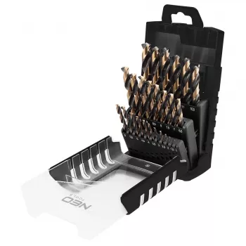NEO TOOLS 25-dielna sada HSS-CNC kovových vrtákov, uhol hrotu 124°, Pro-Tec, 1,0–13,0 mm