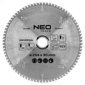 NEO TOOLS 55-548 kotúč píly s hrotmi z tvrdokovu, 254 mm x 30 mm, 80 zubov, univerzálny