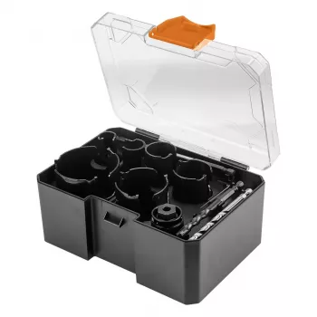 NEO TOOLS 57-923 sada korunkových vrtákov s hrotom z tvrdokovu, 11-dielna (20–64 mm), s 2 držiakmi a kufrom