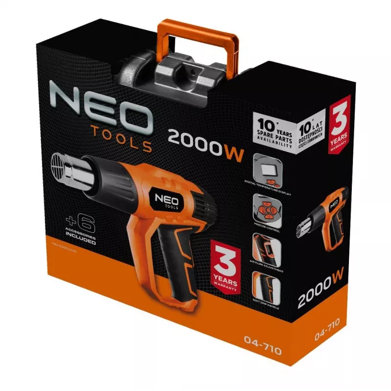 NEO TOOLS teplovzdušná pištoľ 2000W s LCD displejom, 50°C & 70-600°C, 4 trysky, škrabka, kufrík