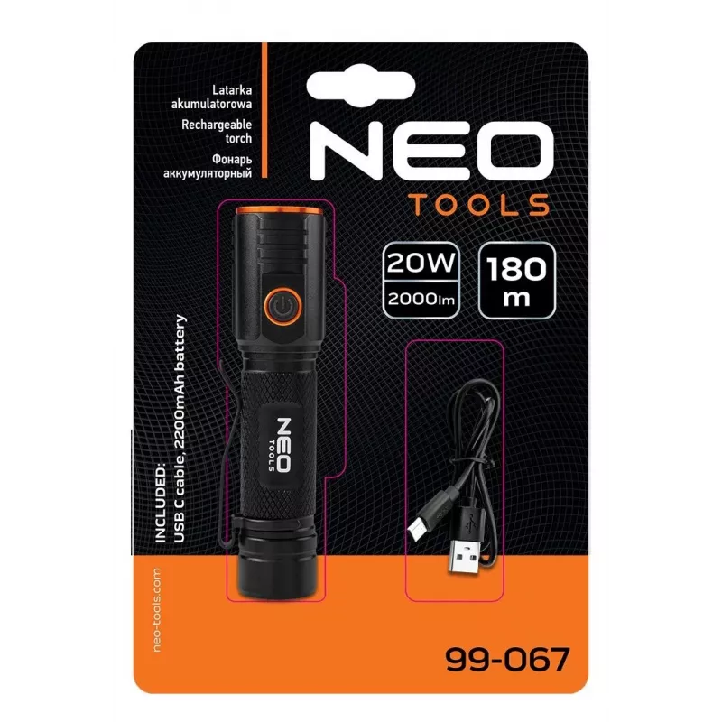 NEO TOOLS USB C 2000 lm CHN LED akumulátorová baterka