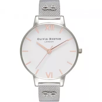 Olivia Burton dámske hodinky Enchanted Garden OB16ES10 - 38 mm puzdro z ružového zlata a nerezovej ocele, biely kvetinový ciferník, sivý kožený remienok