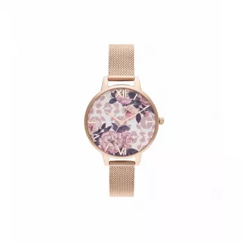 Olivia Burton dámske hodinky Lucky Bee OB16LP01 - 34 mm puzdro ružové zlato, biely ciferník, sivý kožený remienok