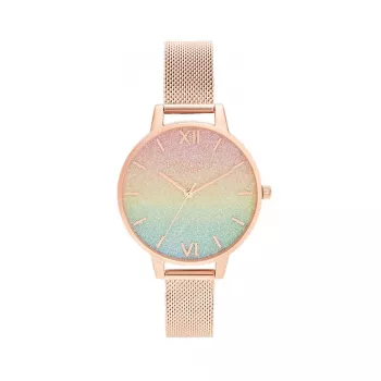 OLIVIA BURTON dámske hodinky Rainbow Bee OB16RB18 - 34 mm nerezové puzdro, sivý kožený remienok, biely ciferník s motívom dúhovej včely, quartzový strojček