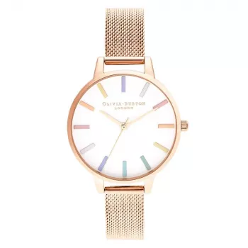 Olivia Burton dámske hodinky OB16RB24 34mm, strieborná nerezová oceľ, biely ciferník, dúhová včela, sivá koža