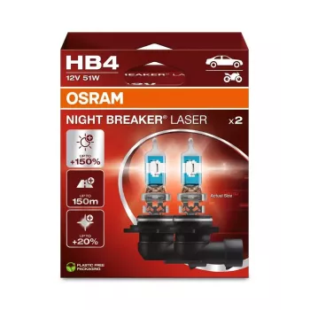 OSRAM Night Breaker Laser HB4 (sada 2 ks) - 12V 51W P22d halogénové žiarovky do svetlometov, až o 150% viac svetla, dosah 150m, o 20% belšie svetlo, biela