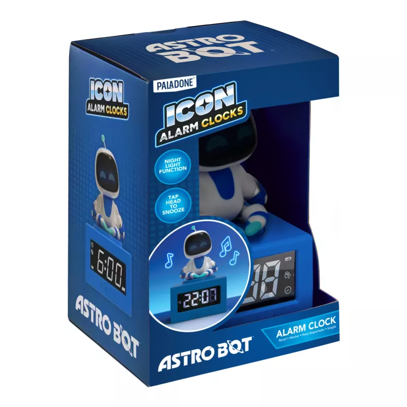 Paladone AstroBot Icon budík - sivý/biely digitálny LCD robotický budík s funkciou odloženia