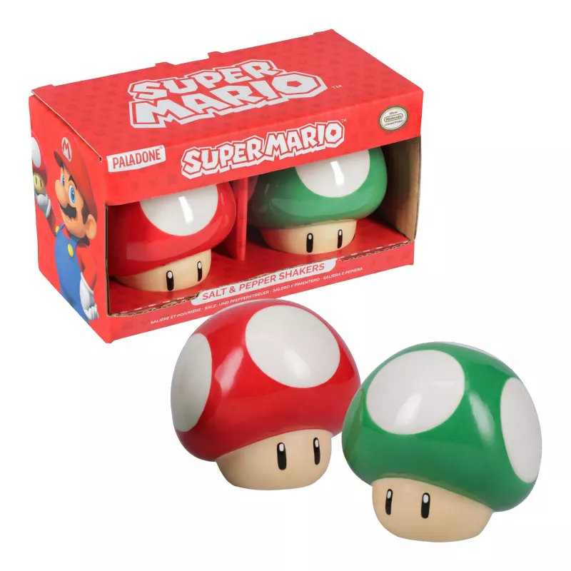 Paladone Super Mario Mushroom sada slaná a koreniaca (červená Super hríb & zelený 1-Up hríb)