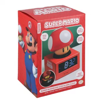 Paladone Super Mario Super Mushroom ikonické budík - digitálny LCD, USB napájanie, oficiálne zvuky Nintendo, červená/biela