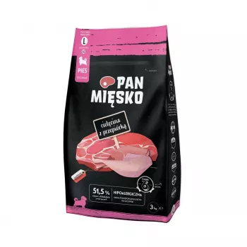 Pan Mięsko suché krmivo pre psov teľacie s prepelicou šteňatá veľké granule 3kg