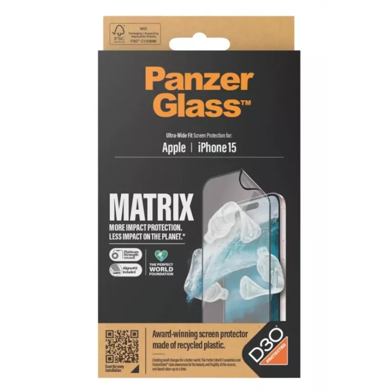 PanzerGlass MATRIX ochrana displeja s D3O pre iPhone 15 | Ultra-Wide Fit s AlignerKit