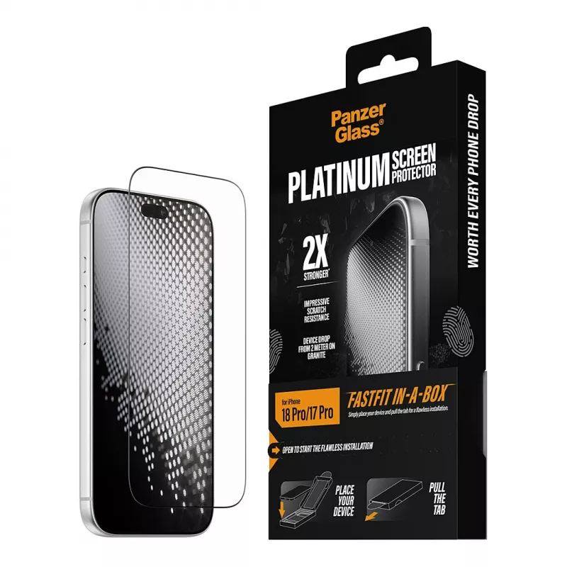 PanzerGlass Platinum ochranná fólia displeja pre iPhone 17 Pro s FastFit inštalačným rámom