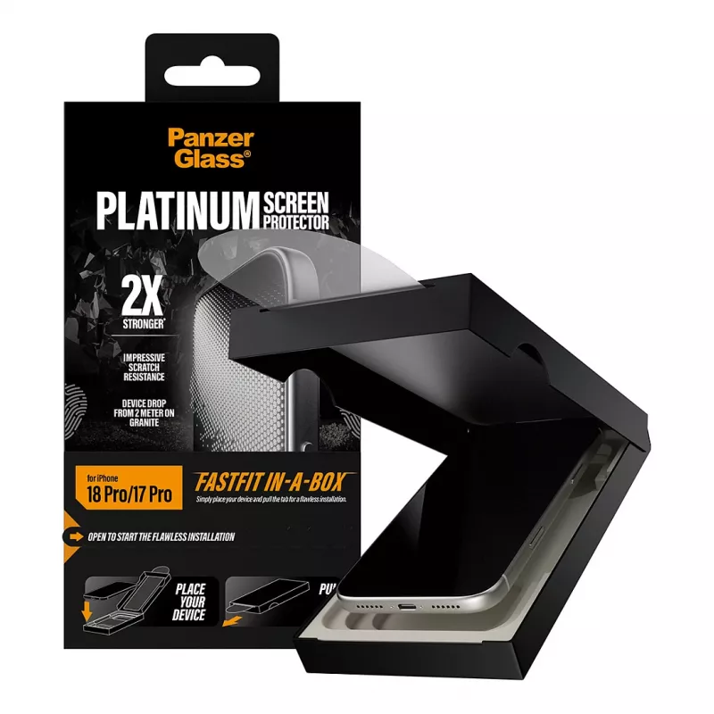 PanzerGlass Platinum ochranná fólia displeja pre iPhone 17 Pro s FastFit inštalačným rámom