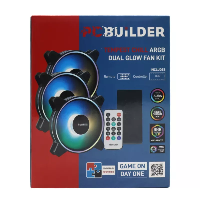 PCBuilder Tempest Chill kit ventilátorov 3x120mm Dual Glow ARGB ventilátory + kontrolér + RF diaľkový ovládač