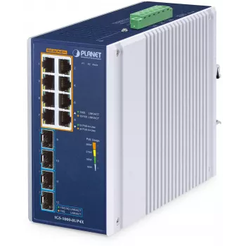 PLANET TECHNOLOGY CORP. IGS-5225-8P4X priemyselný 8-portový 10/100/1000T 802.3bt PoE + 4-portový 10G SFP+ Ethernet switch (360W PoE rozpočet, PoE Usage LED, -40~75°C, duálny 48~54V DC)