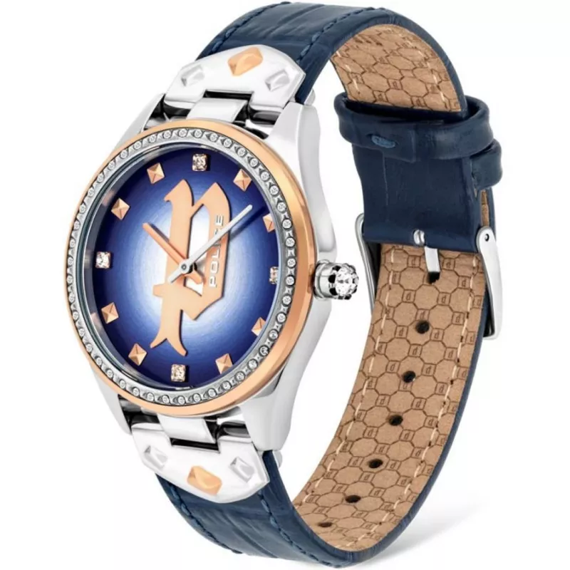 POLICE Masterpiece dámske hodinky quartz PL16029MSTR03 36 mm modrý ciferník strieborný nerezový oceľový mesh remienok