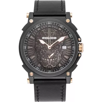 POLICE pánske quartz analógové hodinky PL15728JSB.02 48mm nerezové puzdro čierny kožený remienok