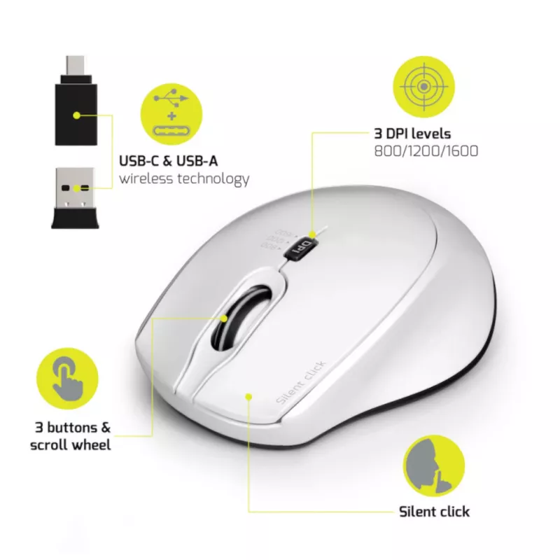 Port Designs Port Connect Silent 1600DPI 3-tlačidlový bezdrôtová myš - biela