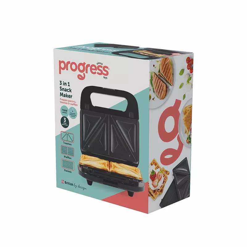 Progress EK6666PVDE 3 in 1 Snack Maker – prístroj na vafle, sendviče a šišky, 900W, čierny