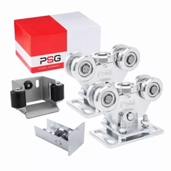 PSG 60.00P.80.19 sada konzolových vozíkov pre koľajnicu 80x80x5 mm, nosnosť 400 kg, 2 vozíky s 5 oceľovými valčekmi, pozinkovaná oceľ