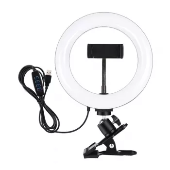 PULUZ PKT3120B 20 cm profesionálne kruhové svetlo pre vlogovanie, live-streaming a make-up – 80 LED, 10W, 3000K-6500K, 10 stupňov stmievania, s klipom na monitor a držiakom na telefón – čierne