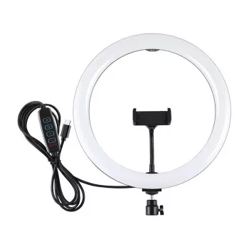 PULUZ PU656B 10-palcové LED kruhové svetlo s držiakom na telefón a statívom, 12W, 3000K-6500K, napájané cez USB, pre live streaming, TikTok, YouTube, make-up, fotografovanie