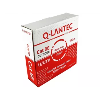 Q-LANTEC Vonkajší U/UTP Cat.5e sieťový kábel, PE plášť, suchá vodoblokovacia páska, 4-párový, 24 AWG, 1 Gbit/s, čierny, 100 m