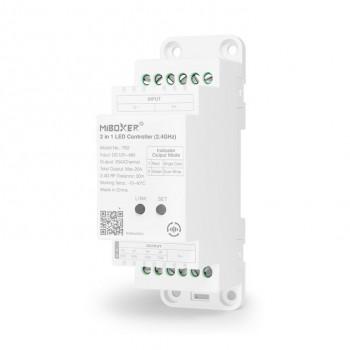 MiBoxer TR2 2v1 LED ovládač, DIN lišta, 12–48 V DC, 20 A