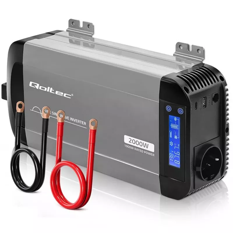 Qoltec čistý sínusový menič 12V na 230V 1000W/2000W s LCD, USB, USB-C, kompatibilný s LiFePO4/GEL/AGM