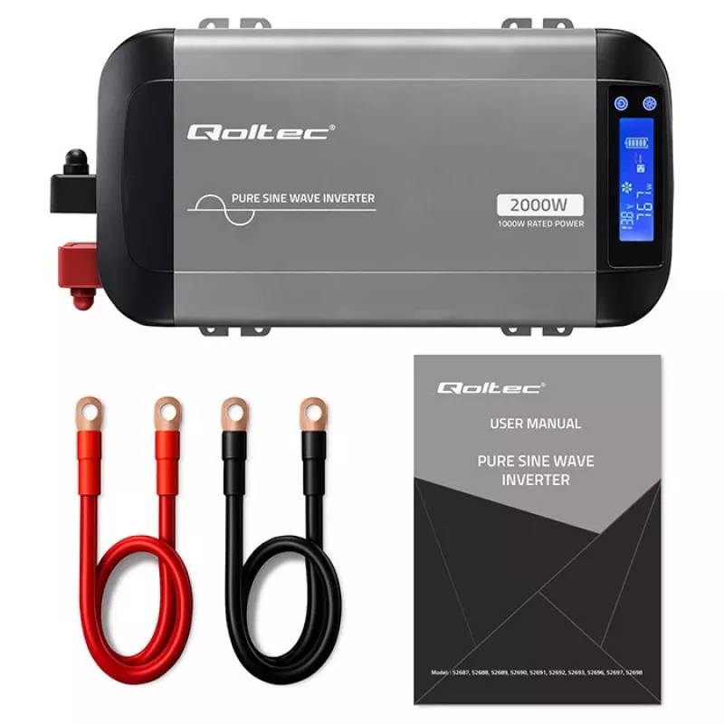 Qoltec čistý sínusový menič 12V na 230V 1000W/2000W s LCD, USB, USB-C, kompatibilný s LiFePO4/GEL/AGM
