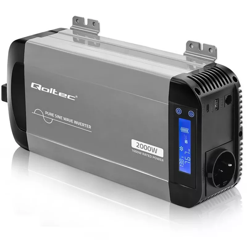 Qoltec čistý sínusový menič 12V na 230V 1000W/2000W s LCD, USB, USB-C, kompatibilný s LiFePO4/GEL/AGM