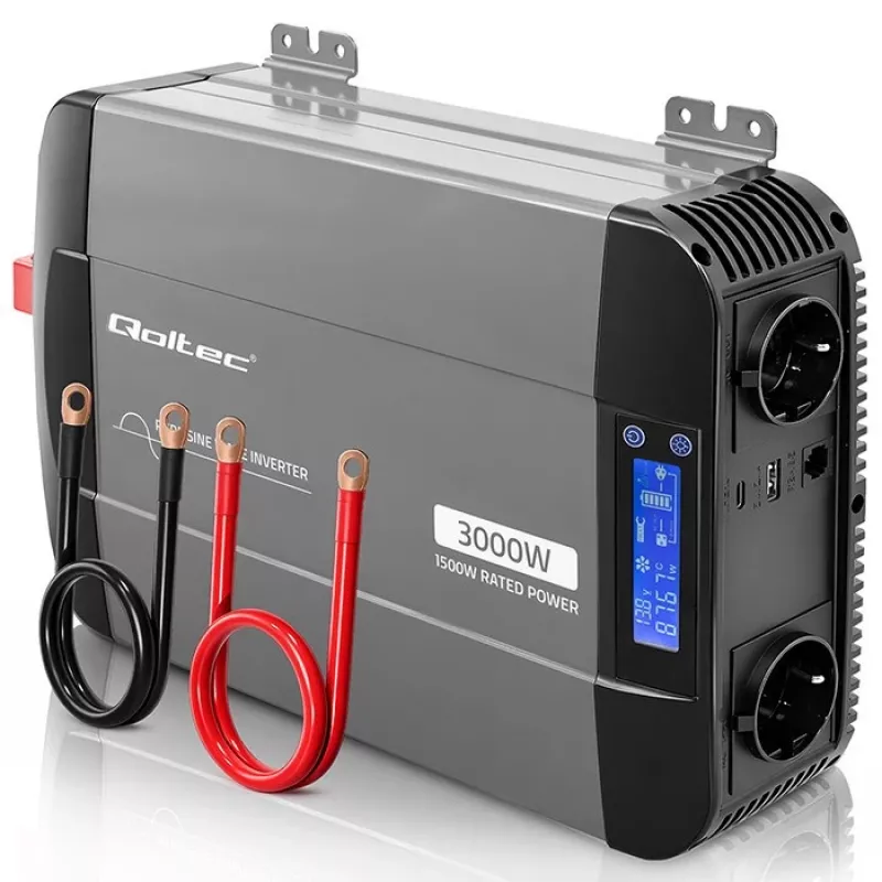 Qoltec čistý sínusový menič 12V na 230V 1500W/3000W s LCD USB USB-C pre LiFePO4 GEL AGM