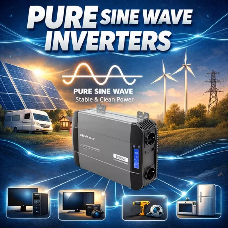 Qoltec čistý sínusový menič 12V na 230V 1500W/3000W s LCD USB USB-C pre LiFePO4 GEL AGM