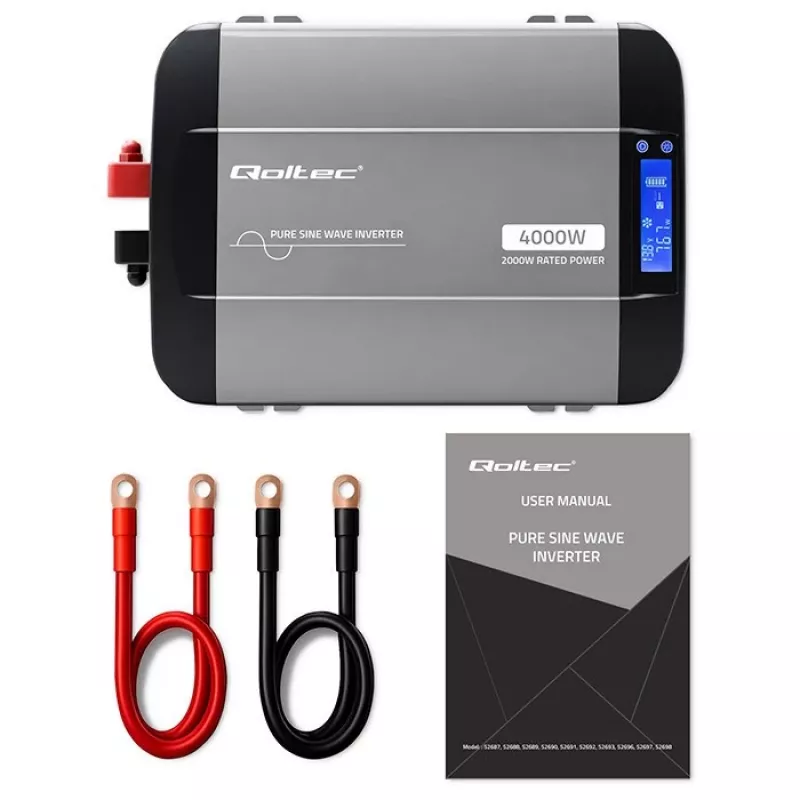 Qoltec čistý sínusový menič 12V na 230V 2000W/4000W s LCD, USB, USB-C, kompatibilný s LiFePO4/GEL/AGM
