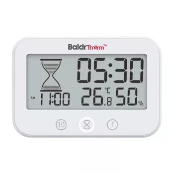 RAINPOINT BALDRTHERM B0549STH kúpeľňový časovač s monitorom teploty a vlhkosti, IP24 ochrana proti striekajúcej vode, odpočítavanie/počítanie, LCD podsvietenie, prísavka/stojan/nástenná montáž