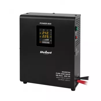 Rebel POWER-800 nástenný záložný zdroj – čistý sínusový invertor s 12V nabíjaním, 230V, 800VA/500W