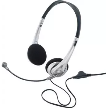 Renkforce RF-5045268 káblový on-ear headset s mikrofónom na ramienku a inline regulátorom hlasitosti, čierna/strieborná