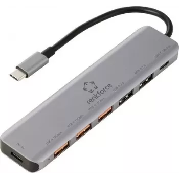 Renkforce RF-7465828 USB-C 6-in-1 hub, 3x USB-A 3.0, USB-C dáta, 4K HDMI, 100W PD, sivá