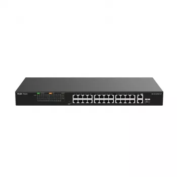 Ruijie RG-ES126FGS-LP 24-port Fast Ethernet PoE+ switch s 2 Gigabit-SFP uplinkmi, 370W PoE rozpočet, racková montáž