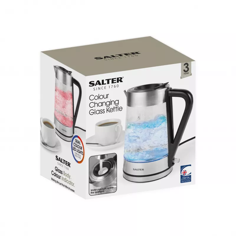 Salter EK5078SSFVDE Sklenená rýchlovarná kanvica meniaca farbu 1,7L 3000W