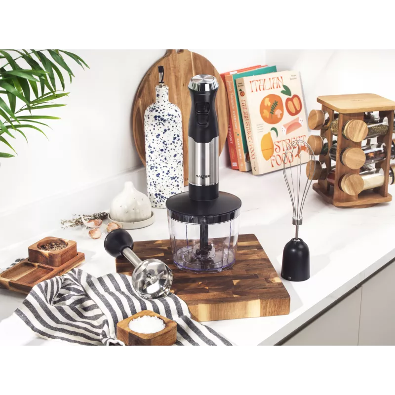 Salter EK6653VDE set mixéra s metlou z nehrdzavejúcej ocele, nádoba na sekanie 500 ml, pohár 700 ml, nastaviteľná rýchlosť