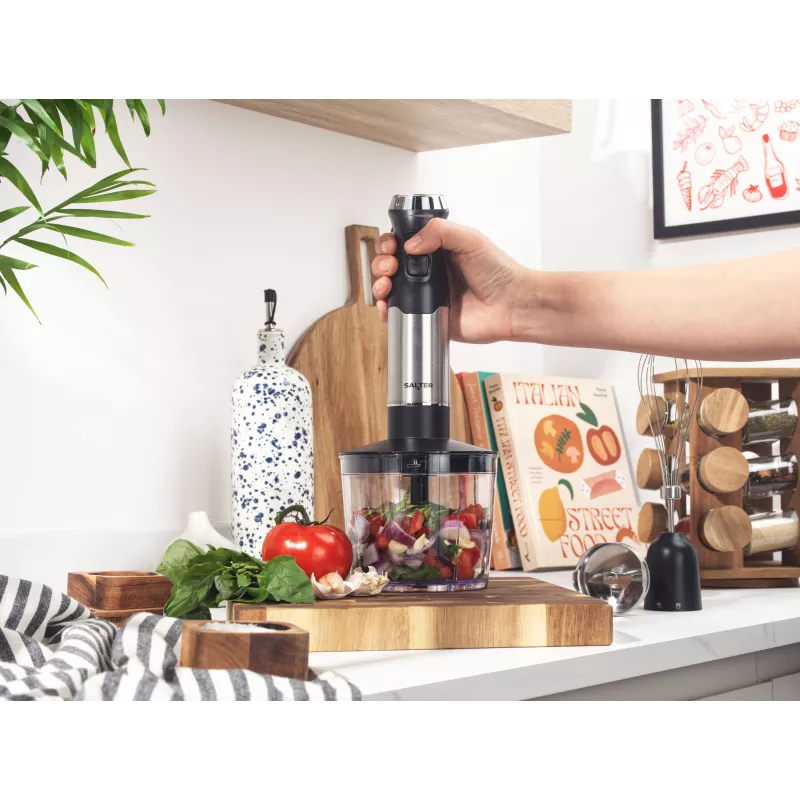 Salter EK6653VDE set mixéra s metlou z nehrdzavejúcej ocele, nádoba na sekanie 500 ml, pohár 700 ml, nastaviteľná rýchlosť