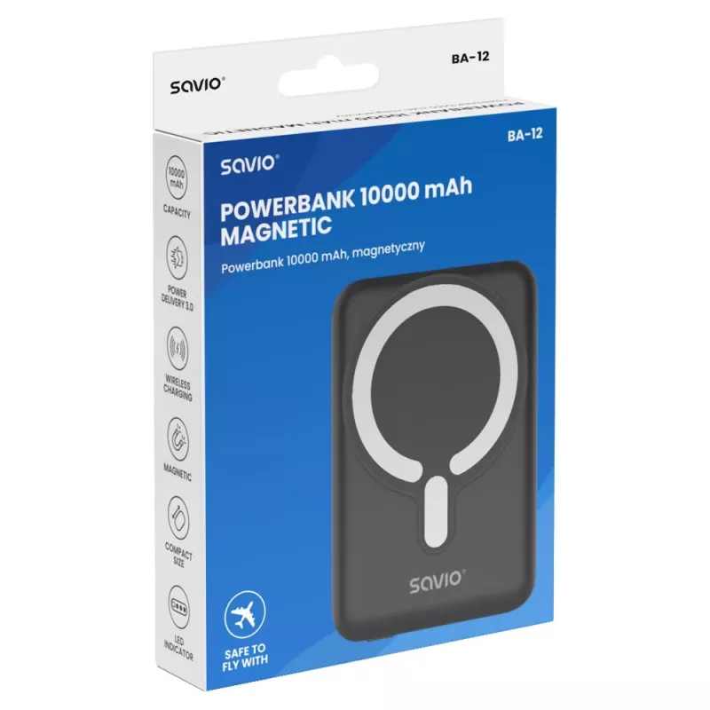 Savio BA-12 magnetická bezdrôtová powerbanka 10000 mAh čierna