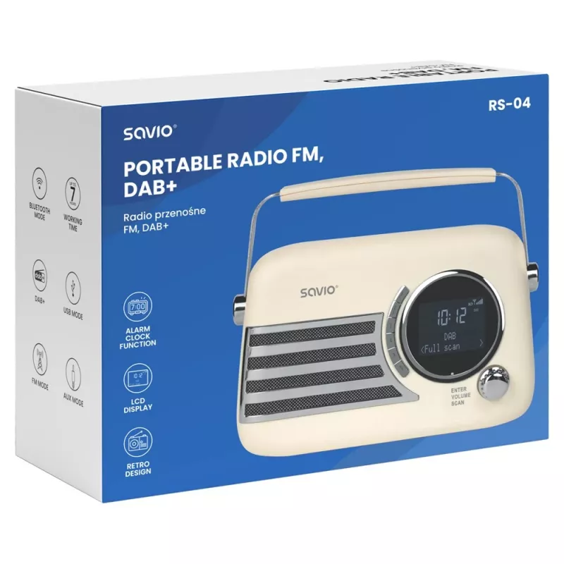 SAVIO RS-04 prenosné DAB+ FM rádio s nabíjateľnou batériou, LCD displej, dvojitý budík, čierna