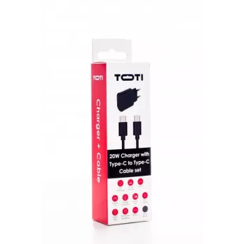 SEEK TOTI 20W Type-C PD nástenná nabíjačka s Type-C na Type-C, 1 m PVC dátový kábel 3A, čierna