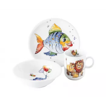 SELTMANN COLORFUL WILDLIFE detská 3-dielna porcelánová súprava riadu - tanier, miska, hrnček - zvieracie motívy