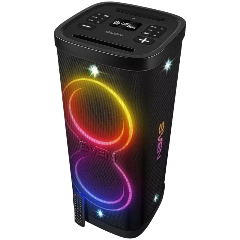 Party-box reproduktor SVEN PS-1250, čierny (300W, TWS, IPx4, Bluetooth, FM, USB, microSD, LED displej, 13500mAh)