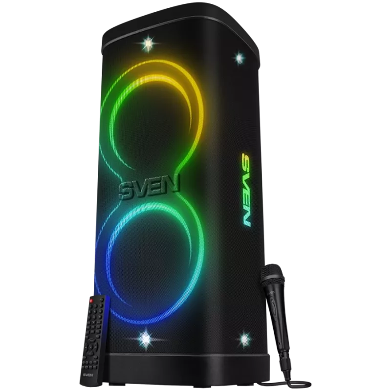 Party-box reproduktor SVEN PS-1250, čierny (300W, TWS, IPx4, Bluetooth, FM, USB, microSD, LED displej, 13500mAh)