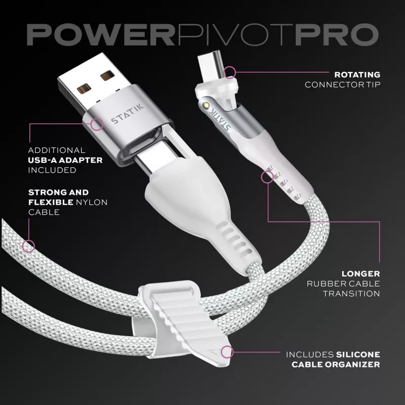 STATIK PowerPivot Pro Nylonový pletený kábel, USB-C na USB-C, 1 m, biely